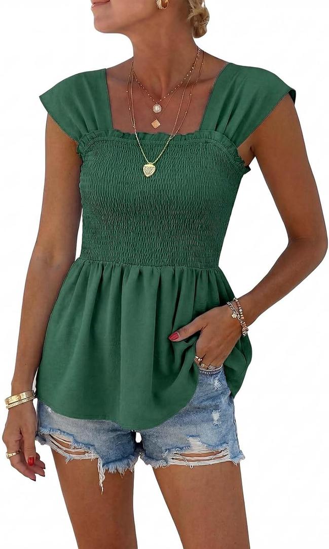 HEYTALALA Womens Cap Sleeve Peplum Tops Square Neck Smocked Babydoll Blouse Ruffle Loose Fit Tunic Top Dressy Tee Shirts (Green, M)
