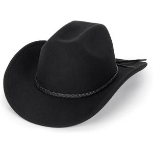 Western Cowboy Hat for Men Women Classic Roll Up Fedora Hat with Buckle Belt(Size:S-M) (Black With Rope Band)