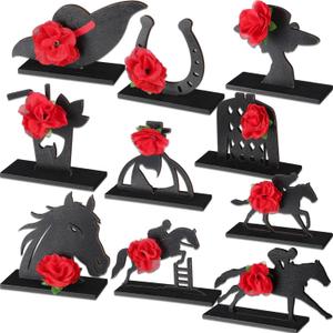 DoubleFill 10 Pcs Derby Decorations Wooden Horse Racing Table Centerpiece Sign Black Horse 3D Red Rose Horseshoe Wood Signs for Tabletop Desk Home Shelf Mantel Derby Party Tiered Tray Decor