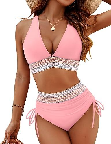Blooming Jelly Women High Waisted Bikini Sets Tummy Control Swimsuits Color Block Two Piece Drawstring Bathing Suit (Medium, Turquoise)