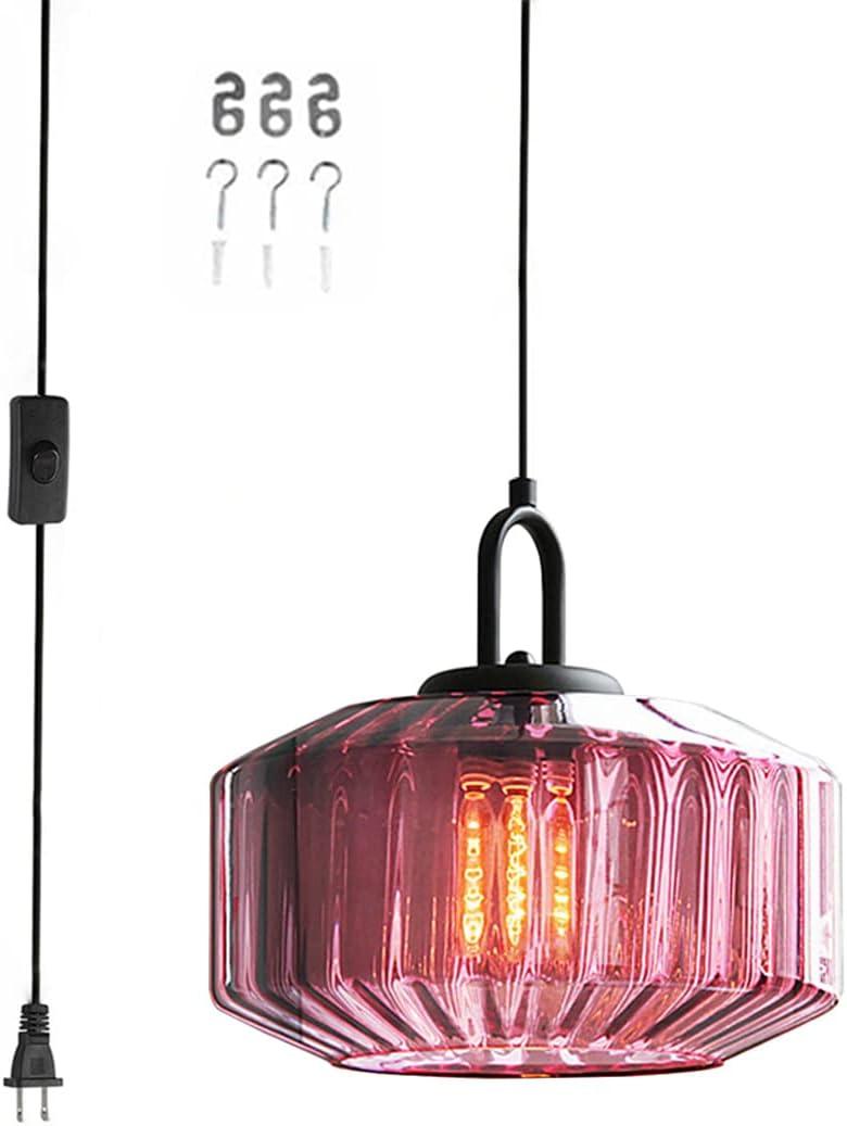 Plug in Hanging Light Glass Globe Pendant Light Plug in Mid Century Modern Pendant Light Fixture with 14.7 ft Cord Purple Striped Glass Shade for Living Dining Room Farmhouse Kitchen