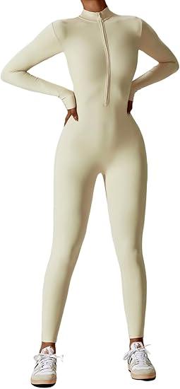 Belriviere Women Long Sleeve Workout Jumpsuit Zip Up Romper Bottom Pants Bodysuit Bodycon Athletic Sexy One Piece Outfit S