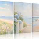 3Pcs Pastel Coastal Wall Art Pink Beach & Blue Hydrangea Pictures Wall Decor Ocean Wildflowers Posters Summer Beachy Preppy Painting Print Artwork for Beach House Bedroom Dorm Apartment, Framed