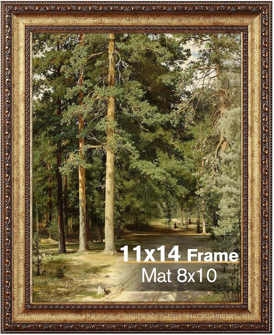 Splinterix 11x14 Gold Picture Frame, Ornate Vintage Picture Frames for Wall or Tabletop Display, 11 x 14 Photo Frame Gold with Real Glass, Display Poster 8x10 with Mat or 11x14 without Mat for Antique Dco