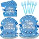 96 Pcs Light Blue Birthday Party Decorations Disposable Star Foil Paper Plates and Napkins Baby Blue Tableware Set for Boys Men Birthday Party Celebration Supplies Serves 24