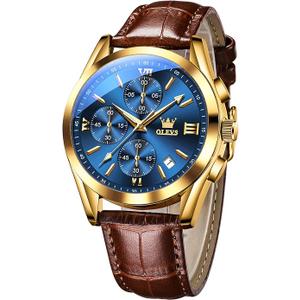 OLEVS Men's Casual Leather Watch, Big Face Chronograph Watch for Men, Fashion Easy to Read Dress Watch, Men's Waterproof Luminous Date Analog Watch, Gold/Black/White/Blue Dial