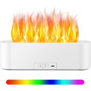 Timeable Flame Air Humidifier, Upgrade 7 Color Flame Fire Lights Essential Oil Diffuser Waterless Auto Off 150ml Aromatherapy Diffuser for Yoga, Large Room, Bedroom, Office (White)