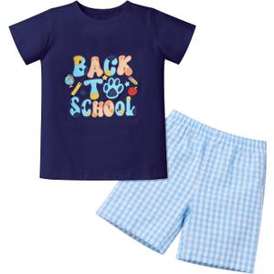 IMEKIS Toddler Kids Boys Back to School Outfit Top with Shorts Schoolbus Embroidered Kindergarten Clothes 4-5T (Blue)