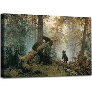 msspart Black Bears in Forest Large Painting Canvas Wall Art Decor, Ivan Shishkin Artwork Pictures Print for Living Room Bedroom Office Decoration 32"x48"