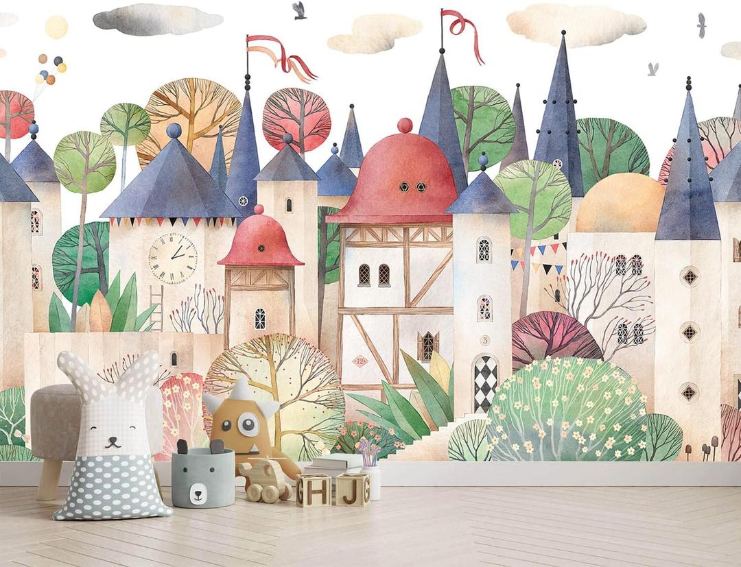 AFZEVEB-Cartoon Watercolor House Nursery Wallpaper Wall murals for Kids Room 114"x74" (Not Peel and Stick) (A005)