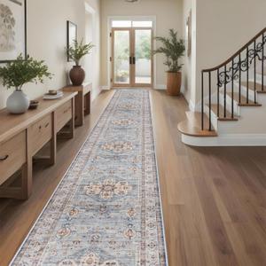 Washable Hallway Runner Rug 3x20: Non Slip Runner Rugs with Rubber Backing Soft Kitchen Rug Farmhouse Distressed Carpet Runner for Living Room Bedroom Bathroom (Blue, 3X20)