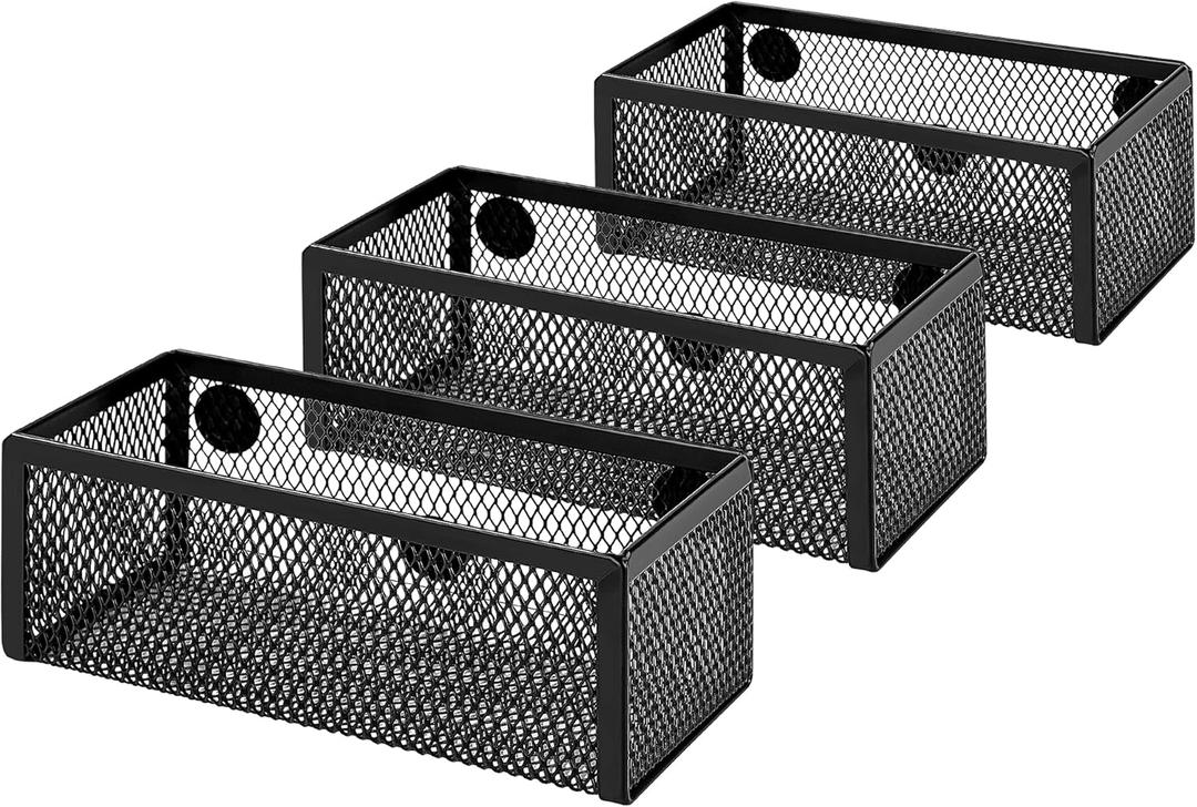Amazon Basics Magnetic Storage Baskets, Mesh Organizers for Office Supplies and Workspace, 6" x 2.5" x 2.2", Black, 3-Pack