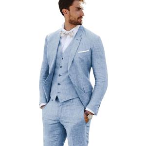 Furuyal Linen Suit 3 Pieces Vintage Retro Wedding Prom Suits Slim Fit Jacket Blazer Groom Tuxedos (Medium, Blue)