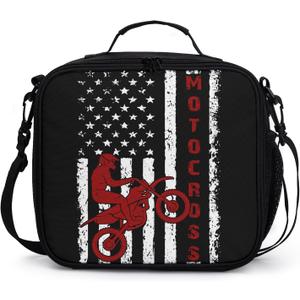 Dirt Bike American Flag Insulated Lunch Bags for Women/Men Motocross Lunch Box for Boys Girls Kids Reusable Portable Lunch Box Motocross Sports Lunch Box Tote Bag for School Picnic Travel (10.5x9.5x4 inch, Motorcycle)