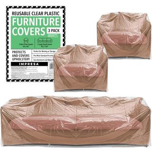 IMPRESA Variety 3 Pack Furniture Covers, Includes 1 Clear Plastic Couch Cover and 2 Armchair Covers, Reusable and Lightweight Sofa Protector for Moving, Storage and Seasonal Use, 2 Mil Thick