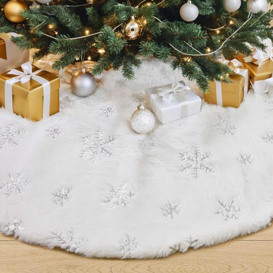 Christmas Tree Skirts 24 Inches Mini Plush Tree Skirt Silver Snowflakes Tree Mats for Winter Holiday Xmas Party Decorations