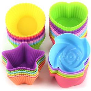 Silicone Cupcake Liners for Baking, 24Pcs Reusable Muffin Cups Greaseproof Muffin Liners Nonstick Baking Molds with Round, Stars, Heart, Flowers Shape for Kids (Multicolor)