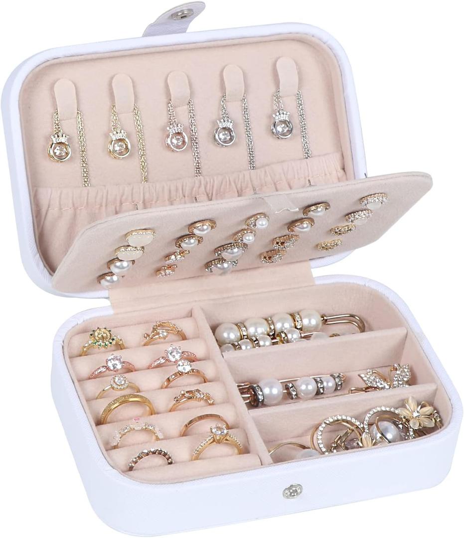 Travel Jewelry Box, PU Leather Small Jewelry Organizer for Women Girls, Portable Mini Travel Case Display Storage Holder Boxes for Stud Earrings, Rings, Necklaces, Bracelets (White Beige)