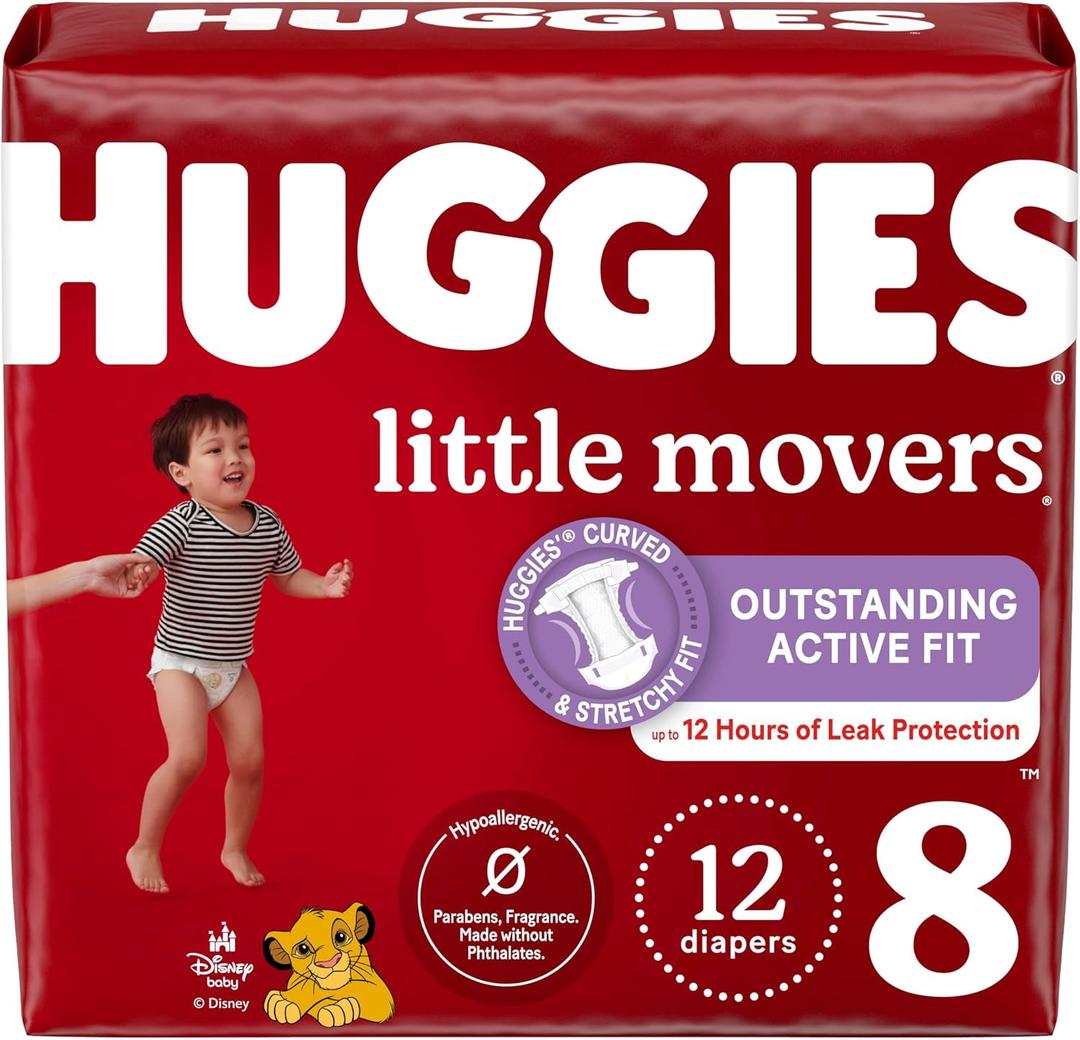 Huggies Size 8 Diapers, Little Movers Baby Diapers, Size 8 (46+ lbs), 12 Ct