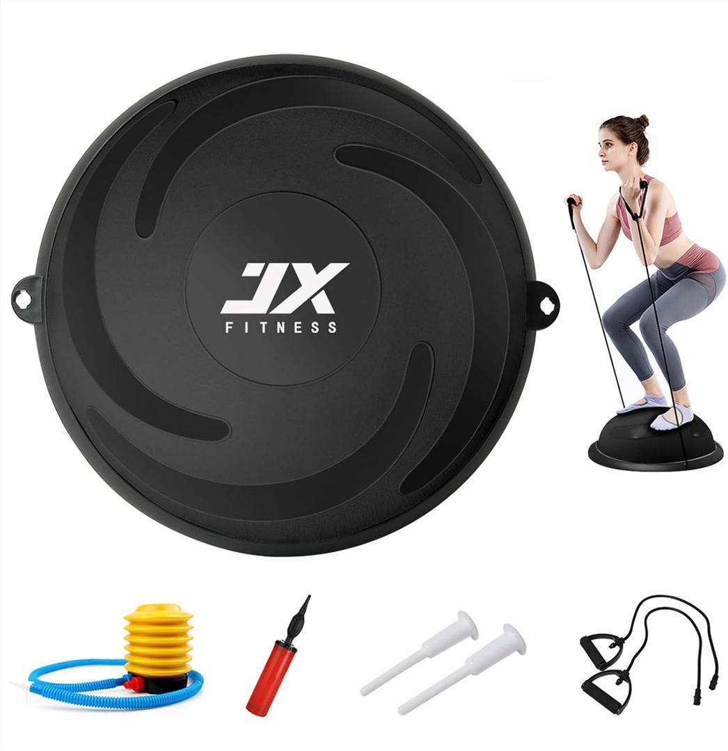 JX FITNESS 58cm Balance Half Ball Trainer, Stability Exercise Yoga Half Ball with Resistance Bands & Pump - Improve Core and Ab Strength with Full Body Home Gym Workouts Or Fitness Training, large