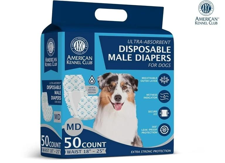 American Kennel Club Male Dog Wrap, Disposable Diapers with Wetness Indicator, Medium, 50 Count