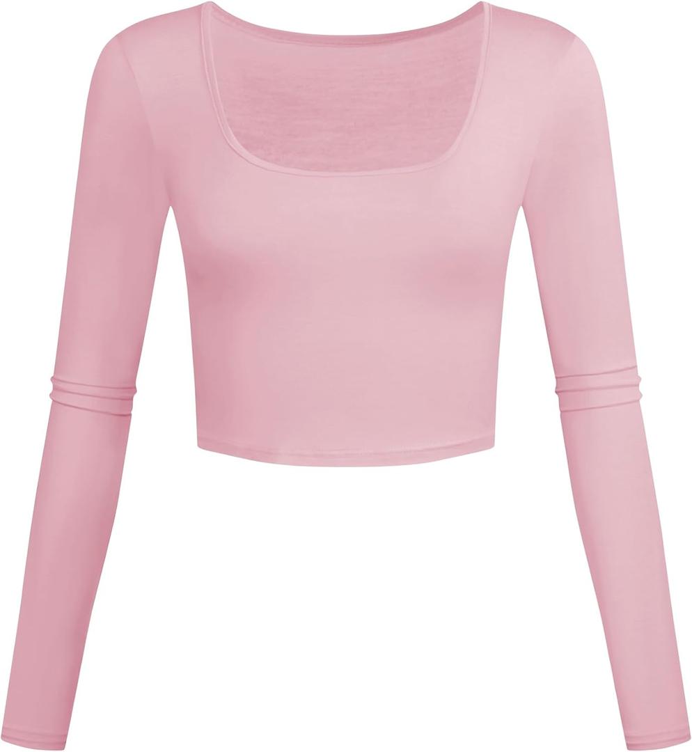 Lightweight Square Neck Crop Tops Long Sleeve Slim Fit Basic Shirts for Women (Pink, L)