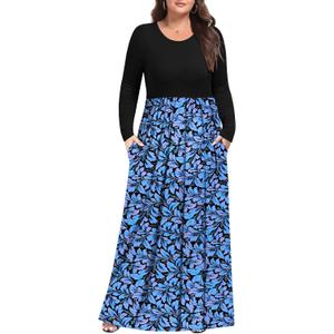Womens Plus Size Maxi Dress Casual Long Sleeve Long Dresses with Pockets (Black, XL)