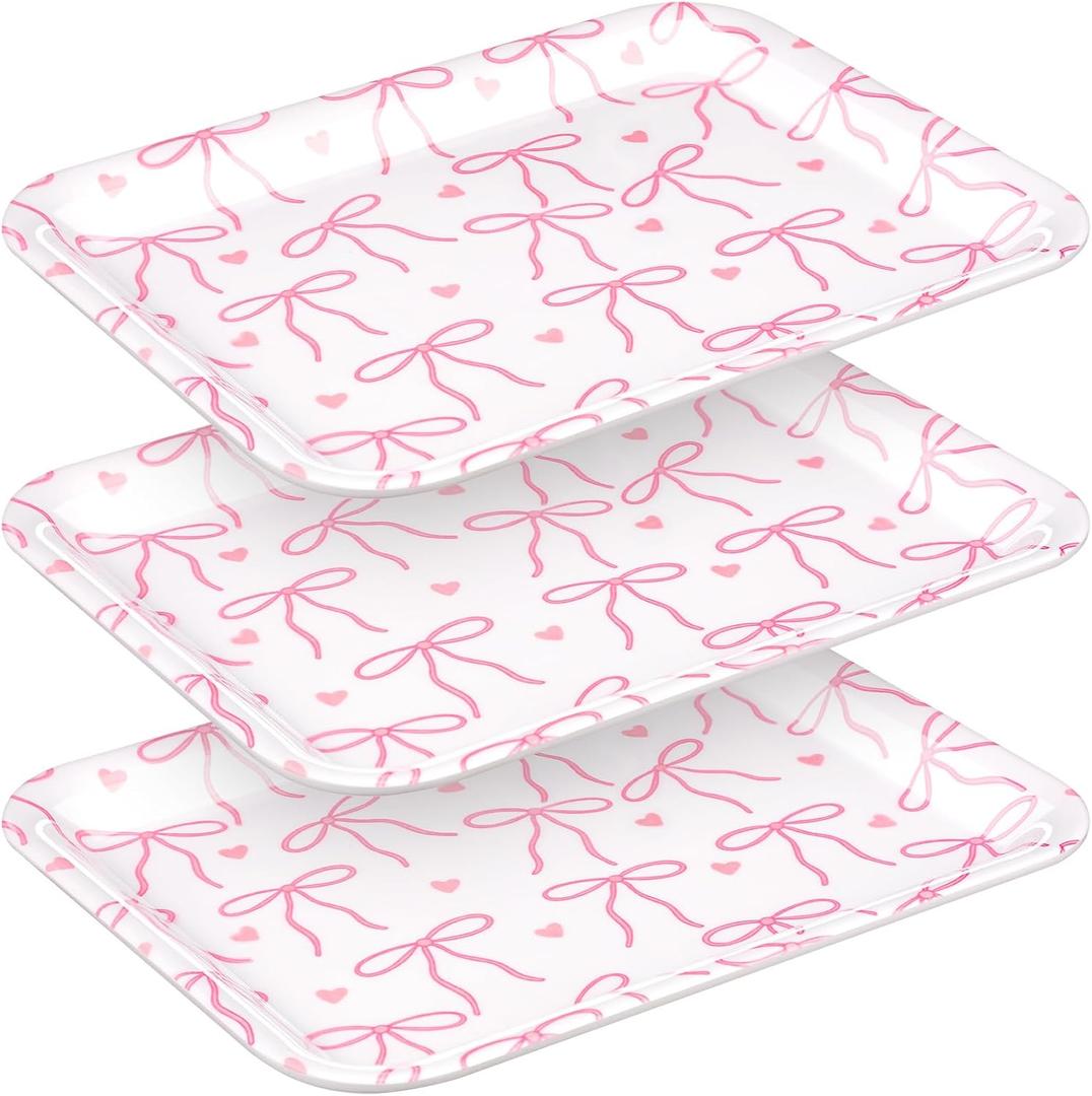 Tioncy 3 Pcs Pink Bow Serving Tray Bowknot Reusable Plate Dish 13" x 10" Decorative Tray Platter for Serving Food Room Organiser Home Party Supplies