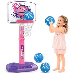 YESHIN Toddler Basketball Hoop Adjustable Height 30-55 Inch with 4 Balls, Large Stable Water-Fill Base, Indoor Outdoor Poolside Kids Basketball Goal for Boys Girls Ages 1-8 Birthday Gift -Pink