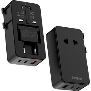 Jasput 25W Universal Travel Adapter, Ultra-Slim Mini Adapter with 2 USB-C & 1 USB-A, Fast Charging for Smartphones, Tablets, and Laptops, Compatible with US, UK, EU, AU, Asia, Perfect for Travel