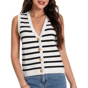 Women's V Neck Sleeveless Button Up Cardigan Knit Sweater Vests Striped Tank Tops (X-Large, White-black Striped)