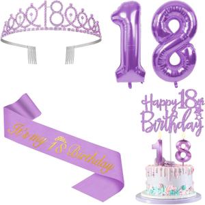 18th Birthday Decorations for Girls Purple with 18th Birthday Sash and Crown, Cake Topper and Candles, Number Balloons, 18 Year Old Gifts for Girls