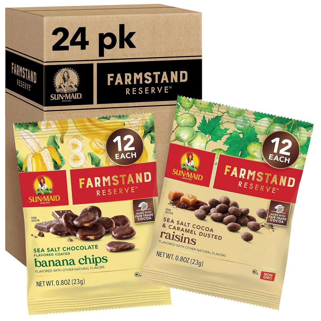 Sun-Maid Farmstand Reserve 24 Count Variety Pack - 0.8 oz Snack Bag (12) Sea Salt Cocoa & Caramel Dusted Raisins + (12) Sea Salt Chocolate Coated Banana Chips 
