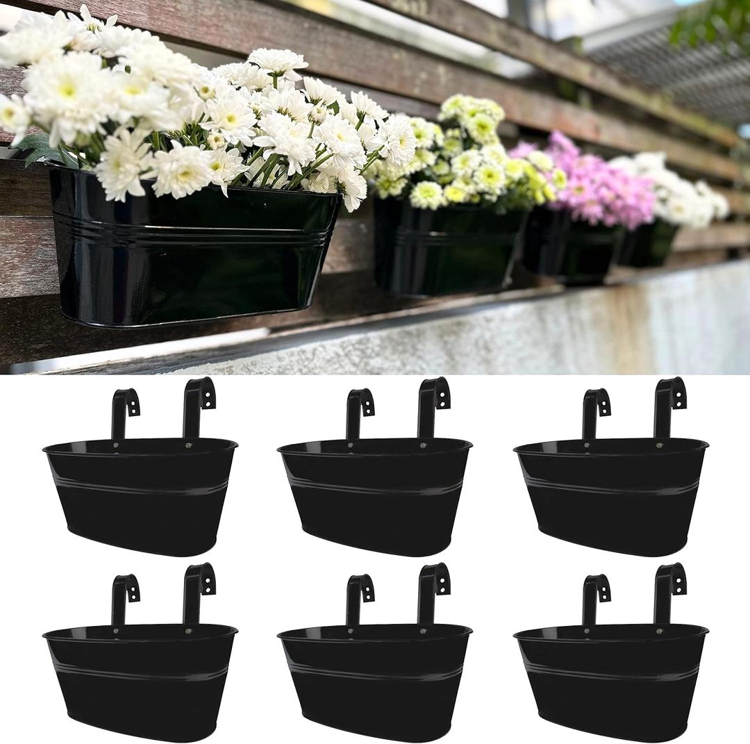 LaLaGreen Rail Planter Outdoor Plants (9.8 Inch, 6 Pack) Small and Cute Black Metal Iron Hanging Flower Pot Deck Railing Fence Buckets Countryside Style Window Box Plant Holder Hooks Porch Decor