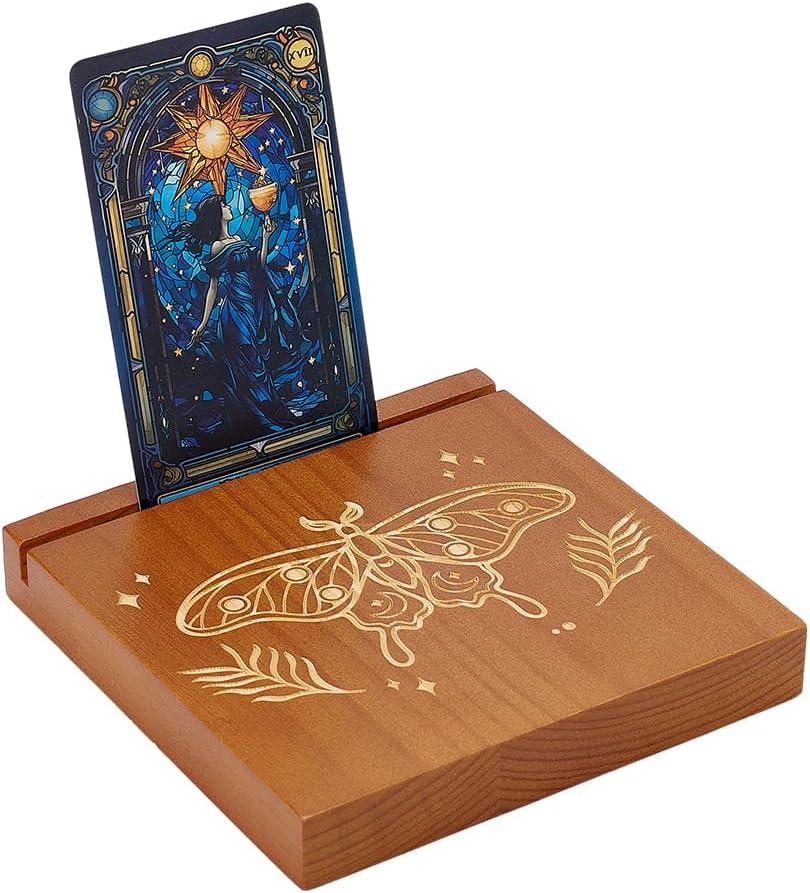 PH PandaHall Wooden Card Holder Card Display Stand Butterfly Pattern Deck Holder Square Wood Oracle Cards Stand for Lenormand Witch Divination Tools Gift Supplies 4.7x4.7x0.7 Inch