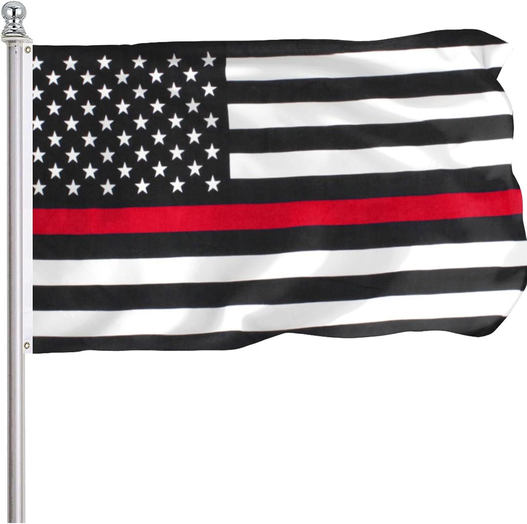 Thin Red Line Firefighter American Flag 3x5 Ft Outdoor, Vibrant Color Polyster Black Red and White US National Flag, Fire Fighter USA Flags Canvas Header and Brass Grommets