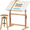 MEEDEN White Board Drafting Table and Stool Set, Height Adjustable Artist Wooden Stool and Craft Table, Tiltable Tabletop of Drawing Desk, Perfect for Writing, Artwork, Artists Studio