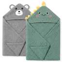 4 PCS Muslin Baby Bath Towels Set, 100% Cotton 2 PCS Animal Hooded Baby Towels 32x32 Inch & 2 PCS Washcloths, Ultra Absorbent & Soft Infant Newborn Essentials Gifts for Boys & Girls, Dinosaur & Bear