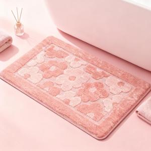 Pink Flower Bath Mat Cute Bathroom Rugs Tufted Microfiber Quick Dry Bath Mats for Bathroom Bathtub Bedroom Rug Water Absorbent Non Slip Bath Rug Washable Aesthetic Decor Carpet, 24" x 35"
