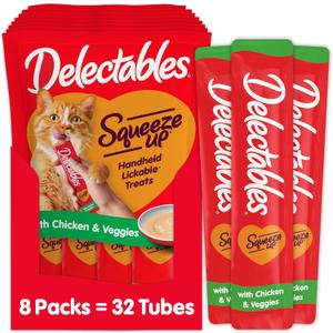 Hartz Delectables Squeeze Up Interactive Lickable Wet Cat Treats for Adult & Senior Cats, Chicken & Veggies, 4 Count (Pack of 8) BB 4/5/27