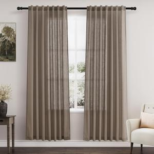 Nanspring Dark Taupe Linen Curtains 80 Inches Length for Living Room Back Tab Rod Pocket Semi Sheer Linen Drapes Muted Neutral Boho Linen Textured Window Curtain for Dining Room Bedroom 52X80 Inches