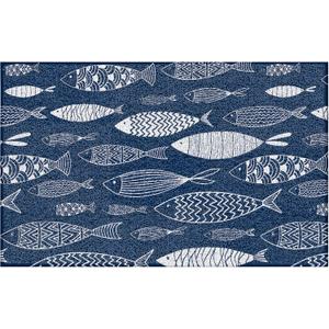 Navy Blue Fish Nautical Door Mat, Lake Beach House Decor Doormat Non-Slip for Front Door Porch Indoor Outside Entrance Entryway, Blue Fishing Lake Beach Welcome Mat, 17x30 Inch