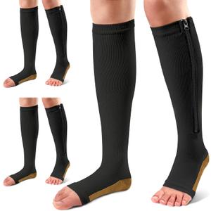 Ailaka 3 Pairs Compression Socks with Zipper, 15-20 mmHg Medical Knee High Compression Socks for Men Women, Open Toe Socks for Varicose Veins, Edema, Recovery (Black Copper)