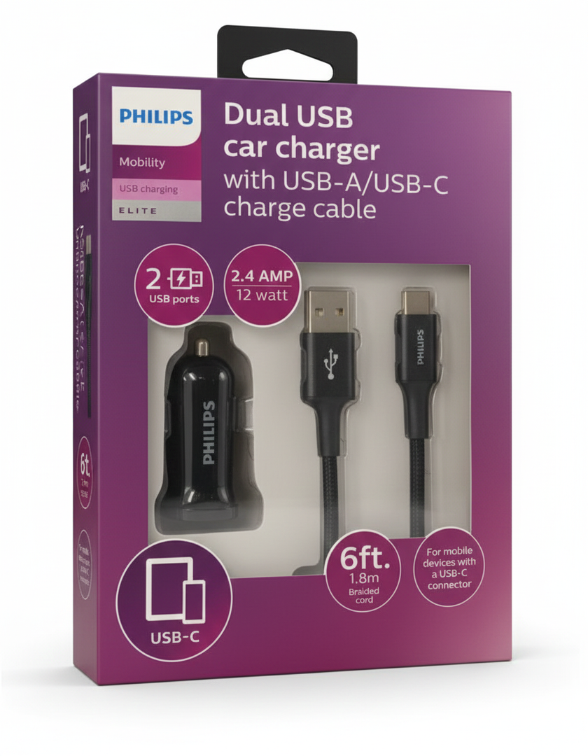 Philips Dual USB Car Charger w/USB-A/USB-C (DLP6202C/37)