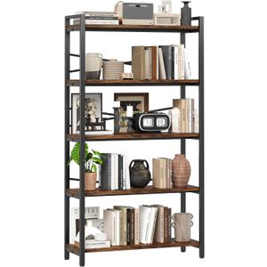 5 Tier Bookshelf 31.49" Width, Tall Book Shelf Storage and Organization, Wooden and Metal Industrial Bookcase, Large Book Shelves for Home Living Room Bedroom Office Storage(Vintage), 5 Tier - 31.5" W