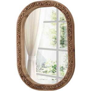 Rustic Oval Rattan Mirrors for Wall 16 X 24 Inch, Hanging Wood Frame Mirrors for Bedroom, Handmade Unique Coastal Mirror Wall Decorative for Bathroom Entryway, Horizontal or Vertical