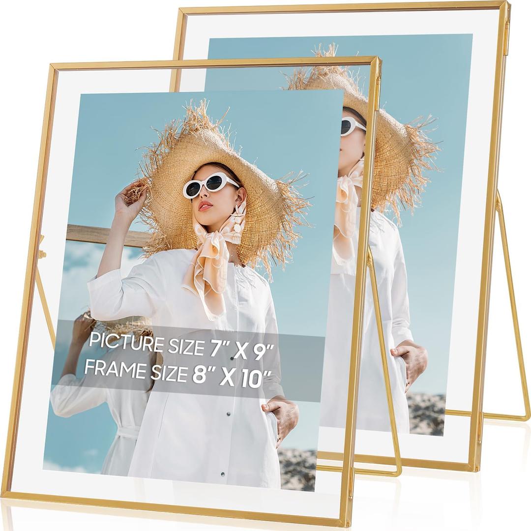Gold Floating Frame Set of 2, Gold 8x10 Picture Frames Fit for Multi-Size 7x9, 5x7, 4x6 Photos, Tempered Glass Floating Picture Frame for Tabletop Display
