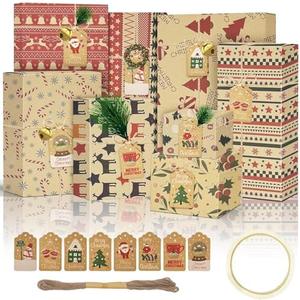 AILAMIDO Christmas Wrapping Gift Paper, 8 Sheets with 32.8ft Jute String, 1 Roll Adhesive Tape and 8 Unique Tags, Kraft Paper for Christmas, 50x70cm (2 Pack)