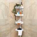 Matte White Tension Shower Caddy Corner Organizer, Rust-Proof Stainless Steel | 4 Deep Adjustable Shelves, Anti-Slip Tension Pole 34–114” | Hooks, Towel Bar & Soap Holder for Clean Modern Bathrooms
