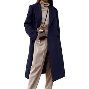 IDEALSANXUN Womens Long Wool Coats Fall Winter Double Breasted Trench Coat Peacoat (Blue, XL)